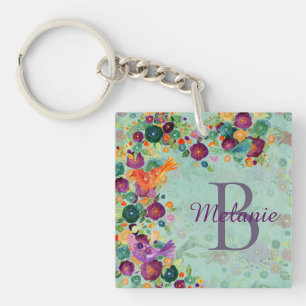 Porte-clefs Jolie aquarelle Oiseaux et fleurs Personnalisé