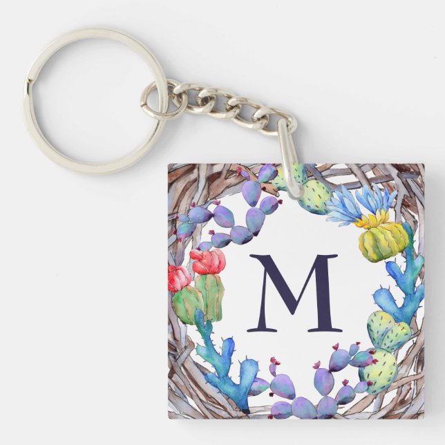Porte-clefs Jolie aquarelle Rustique Cactus Monogramme (Devant)