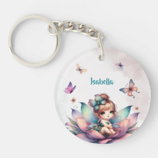 Porte-clefs Jolie fée assise à l'intérieur d'une fleur