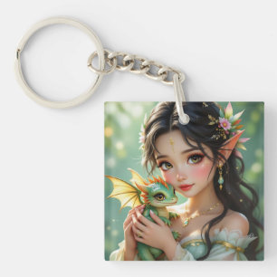 Porte-clefs Jolie fée elfe et dragon personnalisé éthéré