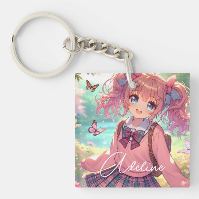 Porte-clefs Jolie fille Anime en Pigtails Roses (Devant)