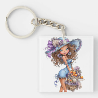 PORTE-CLEFS JOLIE FILLE AU THÈME ESTIVAL HABILLÉE EN BLEU