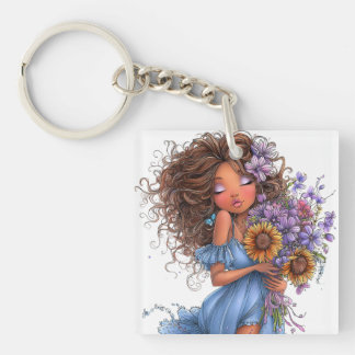 PORTE-CLEFS JOLIE FILLE AU THÈME ESTIVAL HABILLÉE EN BLEU