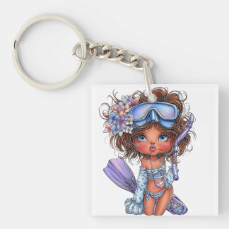 PORTE-CLEFS JOLIE FILLE AU THÈME ESTIVAL HABILLÉE EN BLEU