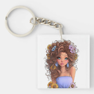 PORTE-CLEFS JOLIE FILLE AU THÈME ESTIVAL HABILLÉE EN BLEU