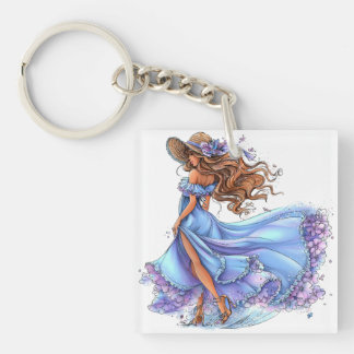 PORTE-CLEFS JOLIE FILLE AU THÈME ESTIVAL HABILLÉE EN BLEU