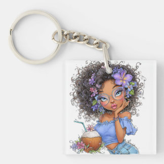 PORTE-CLEFS JOLIE FILLE AU THÈME ESTIVAL HABILLÉE EN BLEU