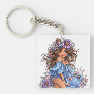 PORTE-CLEFS JOLIE FILLE AU THÈME ÉTÉ VÊTUE DE BLEU