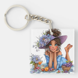 PORTE-CLEFS JOLIE FILLE AU THÈME ÉTÉ VÊTUE DE BLEU