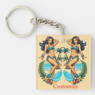 Porte-clefs Jolie fille de plage en bikini aux cheveux noirs T