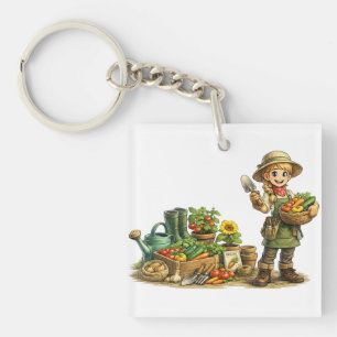 Porte-clefs Jolie Fille Jardinière Récoltant des Légumes Art