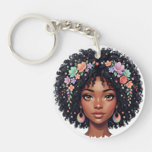 Porte-clefs Jolie Fille Noire avec Couronne de Fleurs Afro