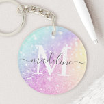 Porte-clefs Jolie fille Parties scintillant holographique<br><div class="desc">Personnalisez facilement cet élégant motif de parties scintillant bokeh coloré avec votre nom et/ou monogramme personnalisés.</div>