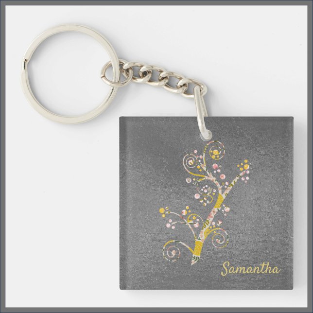 Porte-clefs Jolie floraison Abstraite de cerisiers jaunes et g (Créateur téléchargé)