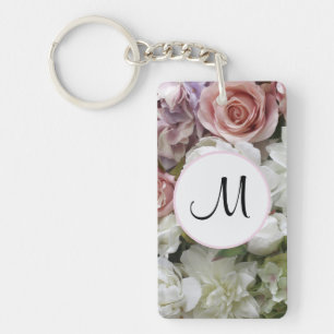 Porte-clefs Jolie initiale personnalisée rose et ivoire floral