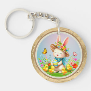 Porte-clefs Jolie Lapin de Pâques et joyeux Fleurs de Printemp