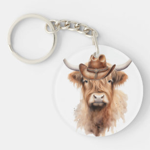 Porte-clefs jolie vache à l'aquarelle avec un chapeau