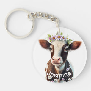 Porte-clefs Jolie vache brune votre nom aquarelle florale ferm
