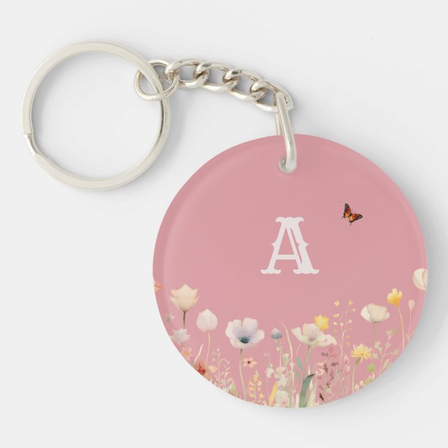 Porte-clefs Jolies fleurs aquarelles de couleurs vives et mono (Devant)