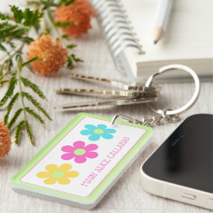 Porte-clefs Jolies fleurs rétro jaunes roses bleues