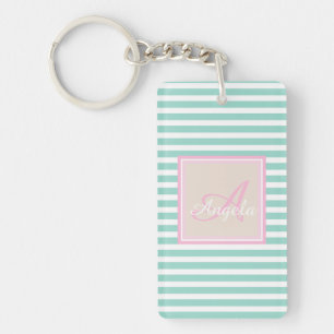 Porte-clefs Jolies Rayures Vert Menthe, Personnalisé avec Mono