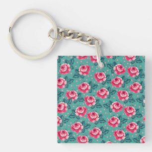 Porte-clefs Jolies roses roses et motif à pois sur sarcelle