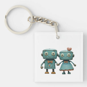 Porte-clefs Jolis robots vintage amoureux en couple en art
