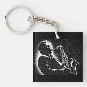 Porte-clefs Joueur de saxophone de style graphique NB 50s