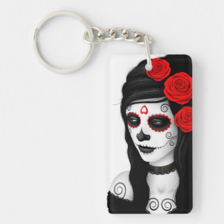 Porte-clefs Jour de la fille morte avec des roses blancs