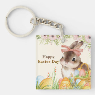 Porte-clefs Joyeuse fête de Pâques au lavis floral Lapin avec