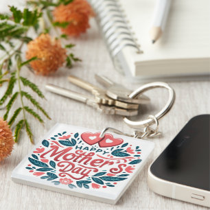 Porte-clefs Joyeuse Fête des Mères - Cœur botanique et écritur