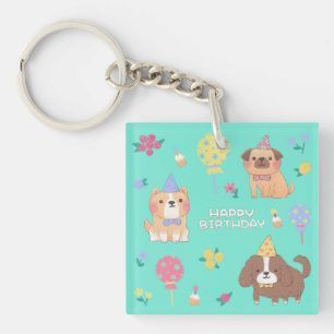 Porte-clefs Joyeux anniversaire : Chiens, Ballons et Fleurs