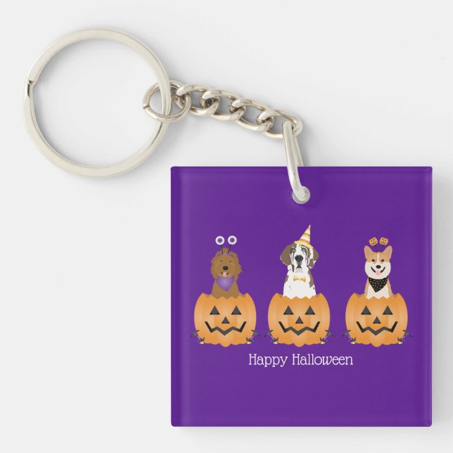 Porte-clefs Joyeux Chiens D'Halloween En Citrouille (Devant)
