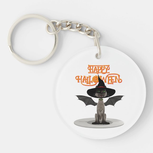 Porte-clefs Joyeux Halloween. Chat avec ailes et casquette de  (Devant)