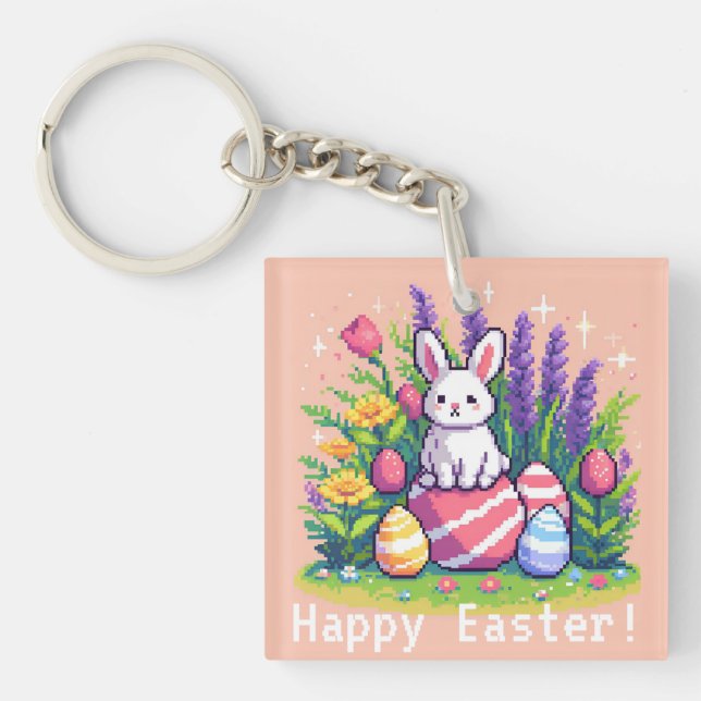 Porte-clefs Joyeux lapin de Pâques 8 bits art pixel (Devant)