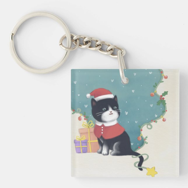 Porte-clefs Joyeux Noël : Art d'illustration de chat (Devant)