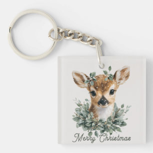 Porte-clefs Joyeux Noël au faon mignon - Faon à l'aquarelle 