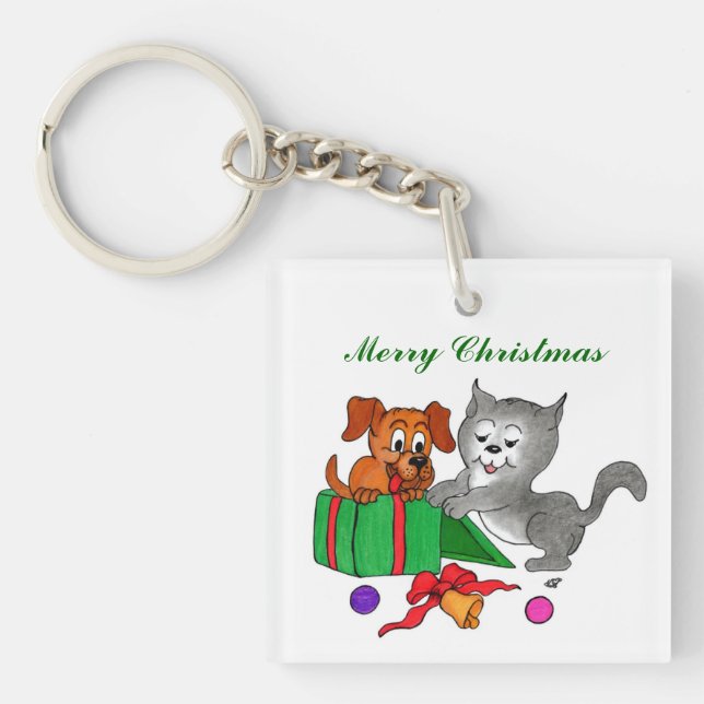 Porte-clefs Joyeux Noël avec chat et chiot (Devant)