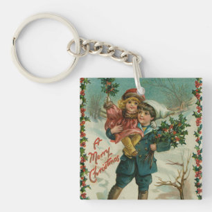 Porte-clefs Joyeux Noël - carte postale rétro, enfants, houx