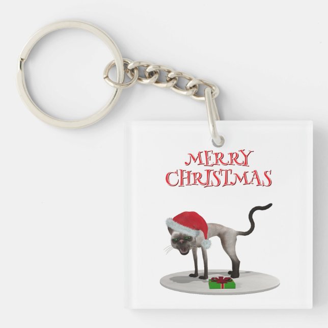 Porte-clefs Joyeux Noël. Chat avec chapeau de Père Noël (Devant)