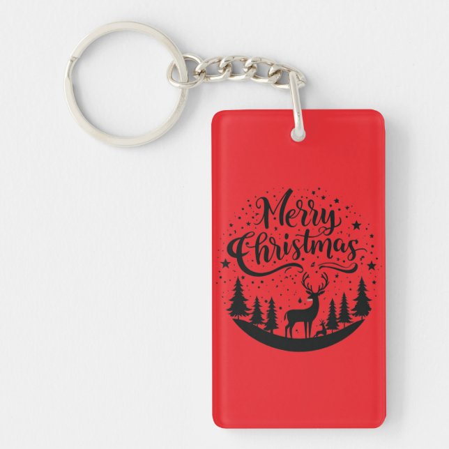 Porte-clefs Joyeux Noël classique Cerfs et Arbre Design Art (Devant)