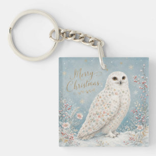 Porte-clefs Joyeux Noël Hibou Blanc Paysage Hivernal Enchanté