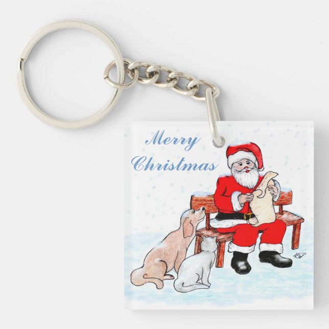 Porte-clefs Joyeux Noël - Père Noël avec chat et chien (Devant)