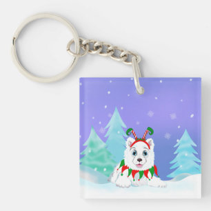 Porte-clefs Joyeux Noël Samoyé Avec Un Bouton Elf