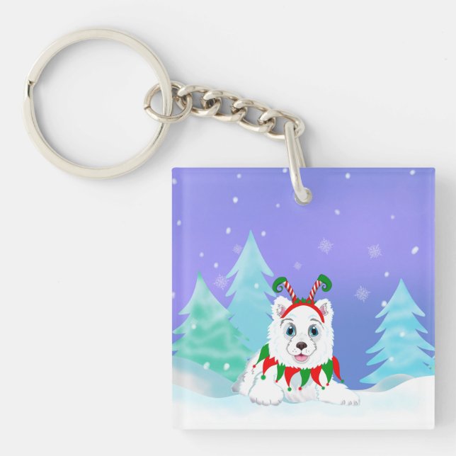 Porte-clefs Joyeux Noël Samoyé Avec Un Bouton Elf (Devant)