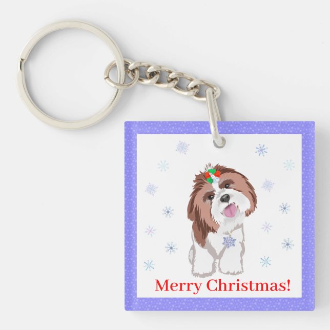 Porte-clefs Joyeux Noël Shih Tzu Avec Flocon De Neige (Devant)