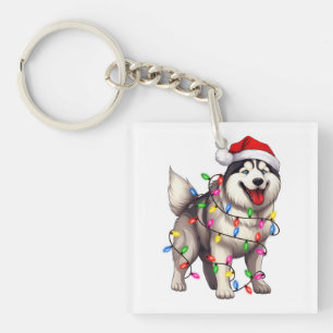 Porte-clefs Joyeux Noël Sibérien Husky avec Santa Hat