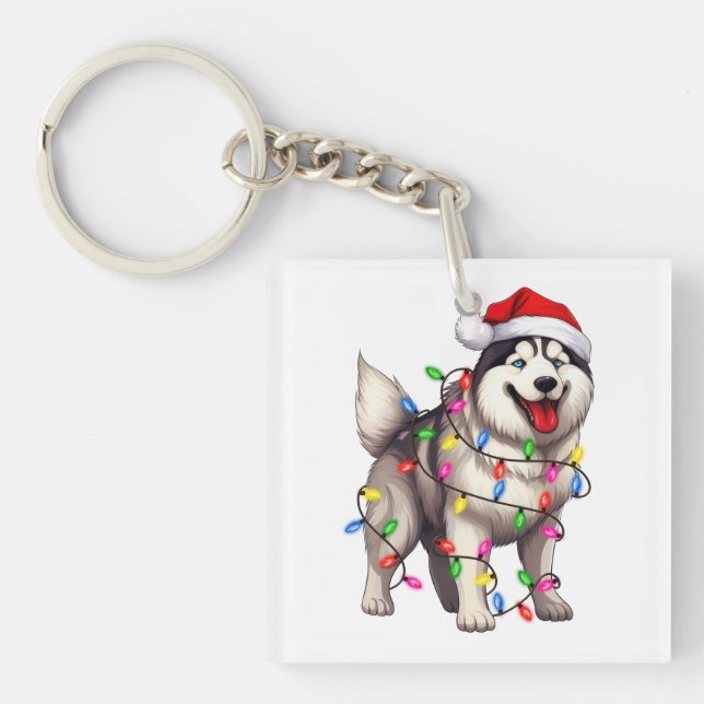 Porte-clefs Joyeux Noël Sibérien Husky avec Santa Hat (Devant)