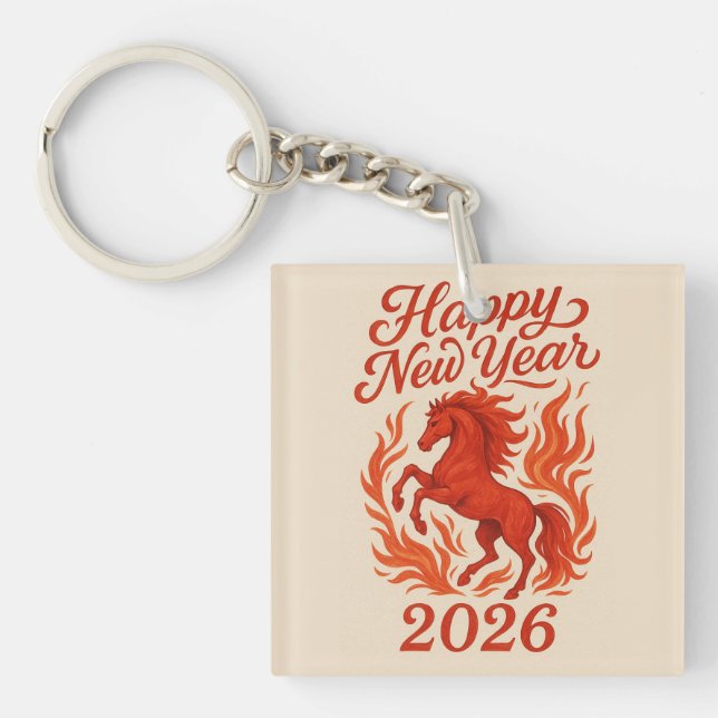 Porte-clefs Joyeux Nouvel An 2026 Cheval Fiery (Devant)