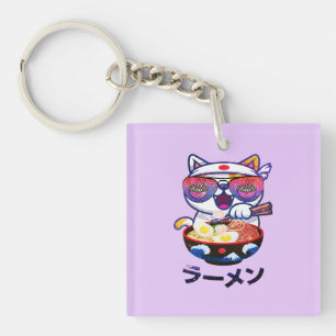 Porte-clefs Kawaii Chat Manger Ramen - Jolies nouilles japonai